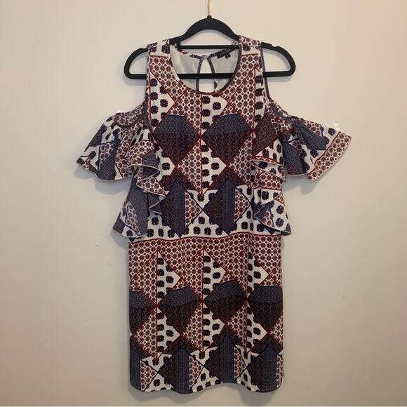 PaperMoon Patterned Cold Shoulder Ruffle Sleeve Mini Dress Large - Picture 11 of 11